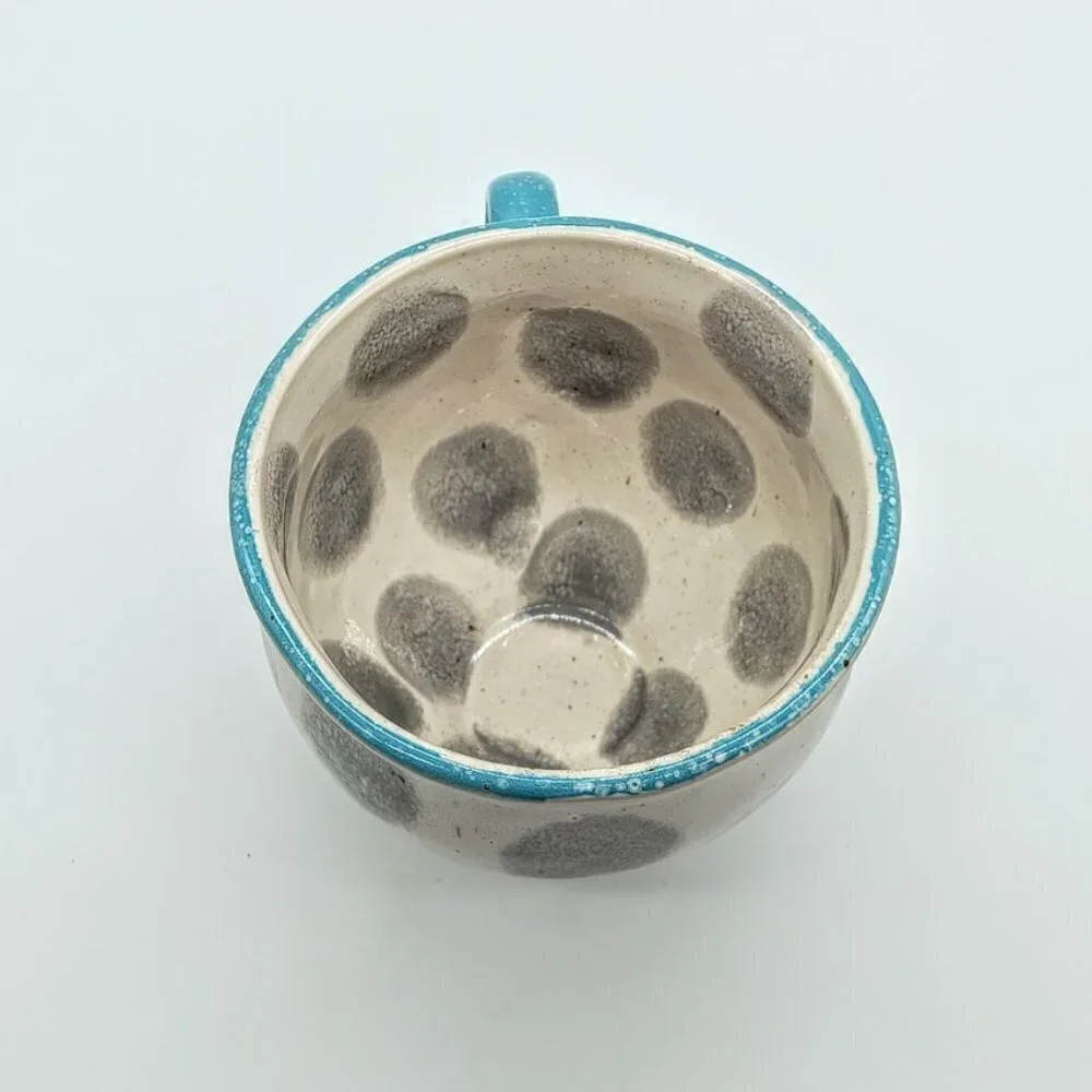 Crate & Barrel Blue Trim Grey Dot Ceramic Mug